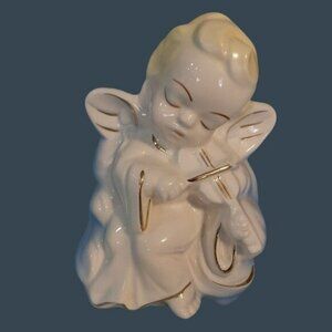 Vintage Ceramic Angel Playing Violin Planter Gold Accents